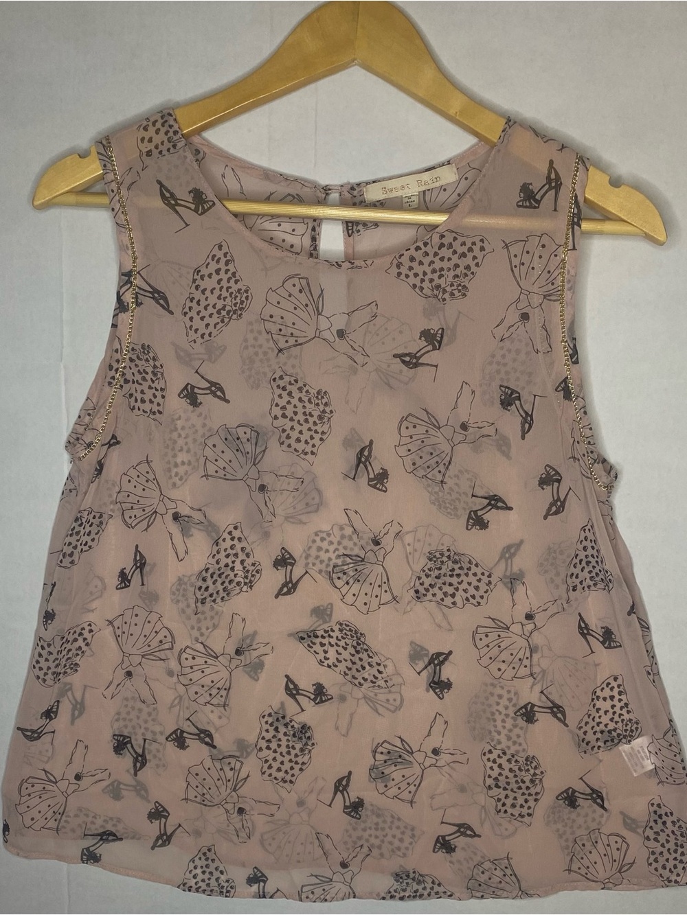 Sweet Rain Sheer Graphic Blouse Size L Pink Paris Heels Coquette Sleeveless